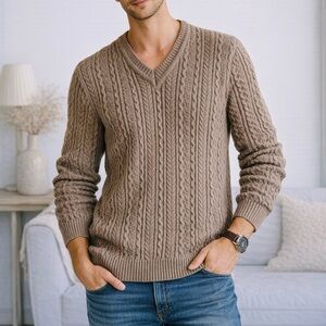 Amber Men’s Cocoa Brown Cable Knit Wool Sweater V-Neck Long Sleeve Classic